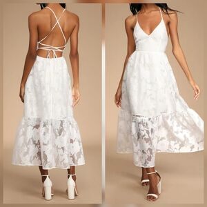 Lulus Feeling Like Forever White Jacquard Organza Lace-Up Midi Dress, Large